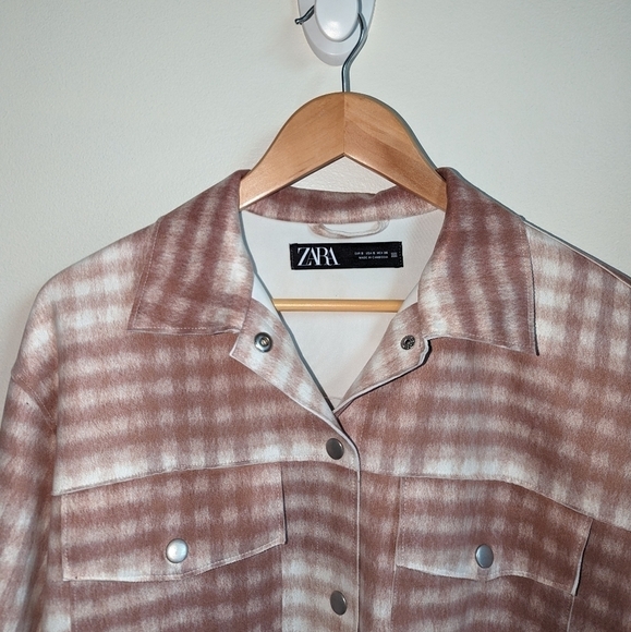 ZARA Cream & Beige Plaid Oversized Contemporary Casual Shaket Shirt Size Small - Picture 3 of 12